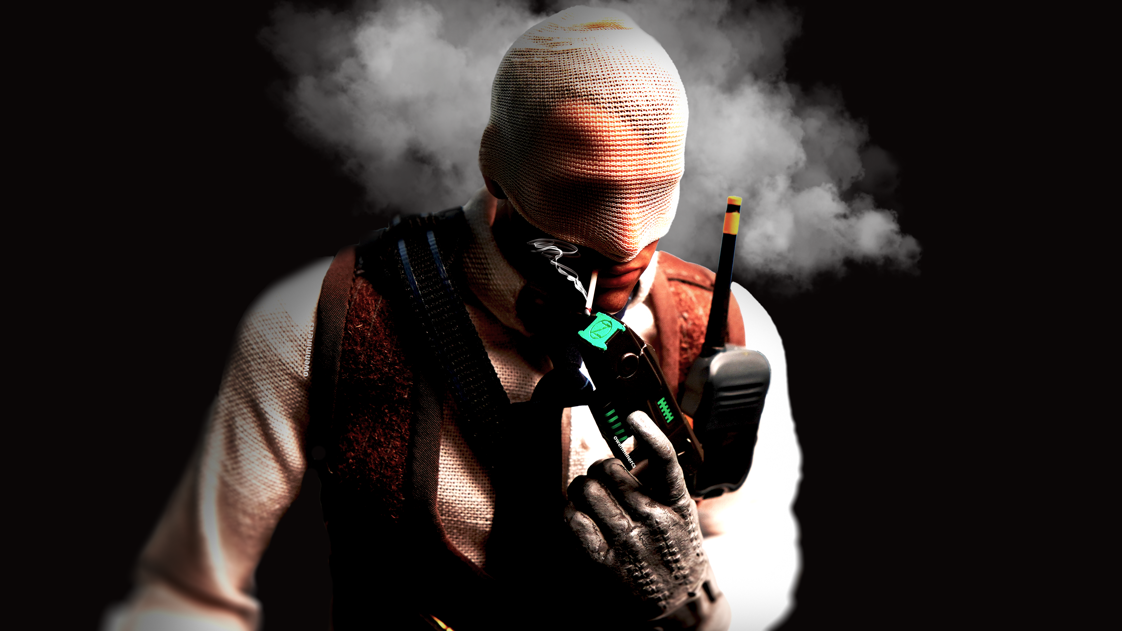 Agent number K figurine using a zues traser to light cigarette with small smoke background